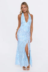 Electric Nights Halter Maxi Dress Blue