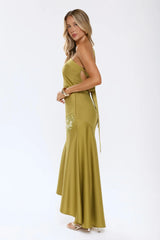 Jelly Glow One Shoulder Satin Maxi Dress Olive
