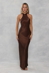 The Cleo Halter Satin Maxi Dress Chocolate Brown