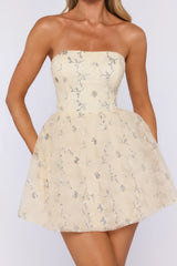 Floral Shimmer Strapless Mini Dress Yellow