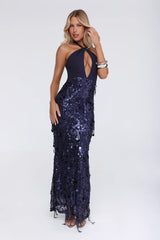 Spin For Me Sequin Halter Maxi Dress Navy