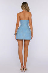 Pretty Girl Priority Strapless Sequin Tweed Mini Dress Blue