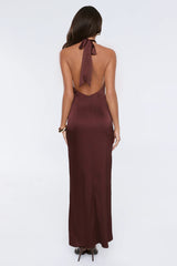 Outfit Energy Satin Halter Maxi Dress Chocolate