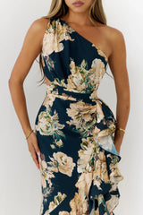 Floral One Shoulder Cutout Maxi Dress Navy