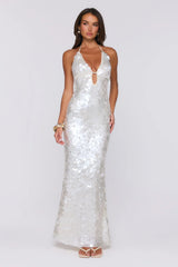 Sparkling Affair Sequin Halter Maxi Dress Ecru White