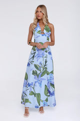 Fleur Flicker Halter Maxi Dress Blue
