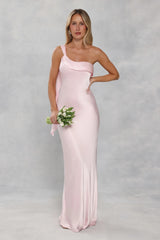 The Zafira One Shoulder Satin Maxi Dress Light Pink