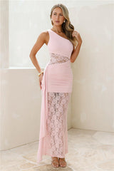 Passion Love One Shoulder Mesh Lace Maxi Dress Pink