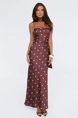 Bloom Star Polka Dot Satin Strapless Maxi Dress Brown