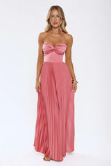 Sassy Sunshine Satin Pleated Strapless Maxi Dress Rose