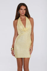 The Tease Edit Embellished Mesh Halter Mini Dress Yellow