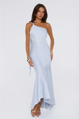 Jelly Glow One Shoulder Satin Maxi Dress Blue