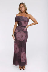 Mischief Glow Off Shoulder Mesh Maxi Dress Brown