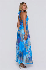 Floral Statement Halter Maxi Dress Blue
