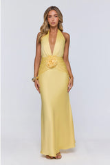 Vibe Star Halter Satin Maxi Dress Yellow