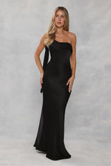The Zafira One Shoulder Satin Maxi Dress Black