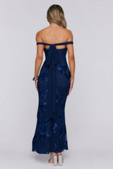 Lush Bloom Embroidered Off Shoulder Maxi Dress Navy