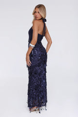 Spin For Me Sequin Halter Maxi Dress Navy