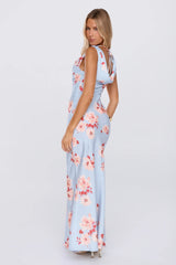 Elegant Garden Satin Cowl Neck Maxi Dress Blue