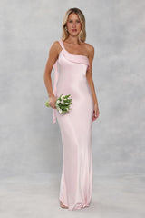 The Zafira One Shoulder Satin Maxi Dress Light Pink