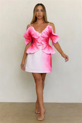 Sculptural Art Pleated Off Shoulder Mini Dress Pink