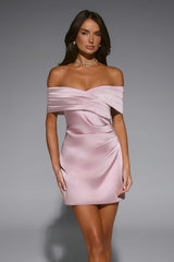 Fancy Night Out Off Shoulder Satin Mini Dress Rose