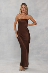 The Felicity Strapless Satin Maxi Dress Chocolate Brown