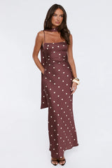 Bloom Star Polka Dot Satin Strapless Maxi Dress Brown