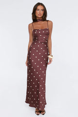 Bloom Star Polka Dot Satin Strapless Maxi Dress Brown
