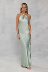 The Delilah Satin Halter Maxi Dress Sage Green