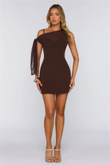 Nyra One Shoulder Mini Dress Chocolate