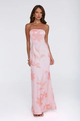 Warm Waves Strapless Satin Maxi Dress Peach Floral Print