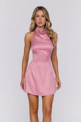 Romantic Girl Halter Satin Mini Dress Pink