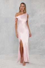 The Clover Off Shoulder Satin Maxi Dress Light Pink