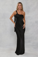 The Zafira One Shoulder Satin Maxi Dress Black