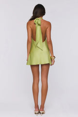 Power Walk Satin Halter Mini Dress Lime Green