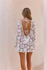 Sheer Flower Long Sleeve Embroidered Mini Dress White