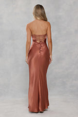 The Seraphina Strapless Satin Maxi Dress Bronze