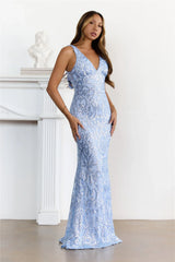 Enchanted Sequin V-Neck Back Tie Maxi Dress Blue