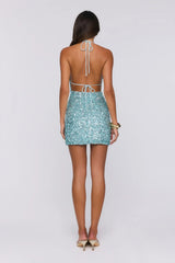 Filter Glow Sequin Halter Mini Dress Green