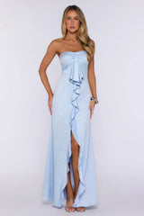 Sparked Hour Satin Polka Dot Strapless Maxi Dress Blue