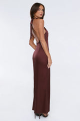 Outfit Energy Satin Halter Maxi Dress Chocolate
