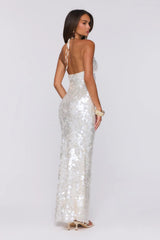 Sparkling Affair Sequin Halter Maxi Dress Ecru White