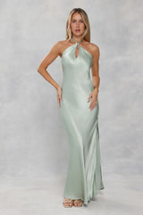 The Delilah Satin Halter Maxi Dress Sage Green