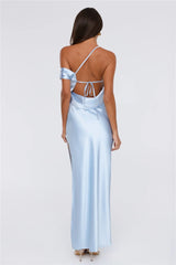 Social Diary Off Shoulder Satin Maxi Dress Blue