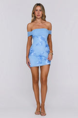 Saltwater Sonata Off Shoulder Mesh Mini Dress Blue