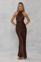 The Cleo Halter Satin Maxi Dress Chocolate Brown