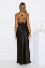 Satin Lace Crisscross Back Maxi Dress Black