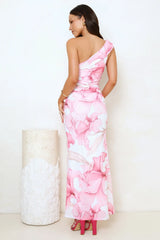Dressed To Distract One Shoulder Mesh Maxi Dress Pink