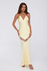 Glam Starlet Halter Satin Maxi Dress Lemon